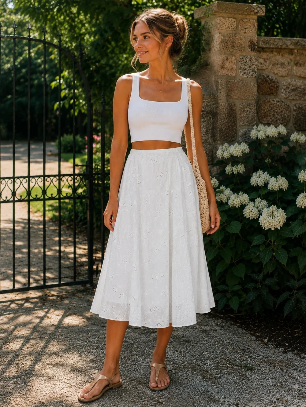 JKLA California White Eyelet Midi Skirt Large Cotton Lined Boho Cottagecore